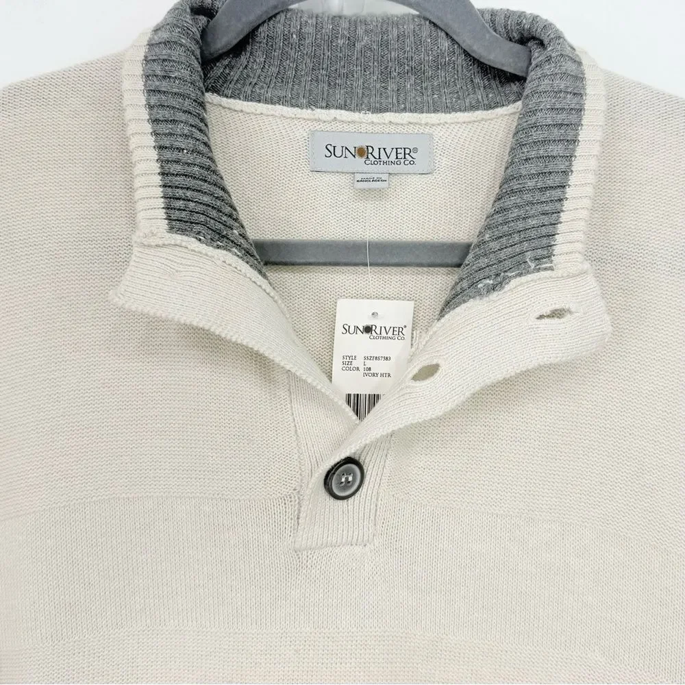 Sun River Clothing Co. Ivory Heather Quarter Button Cotton Pullover Sweater NEW